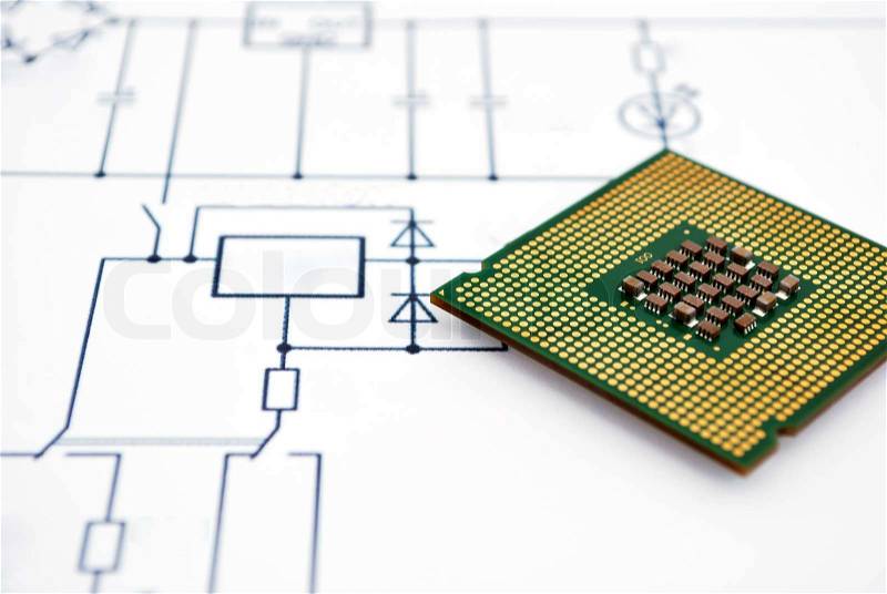 Wiring Diagram and CPU. close-up, stock photo
