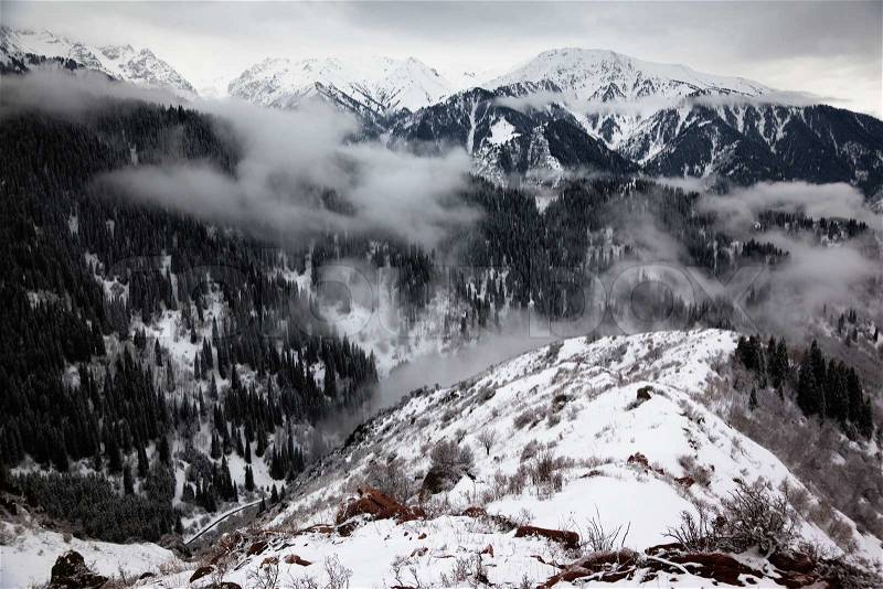 Stormy weather in the mountains of winter, stock photo