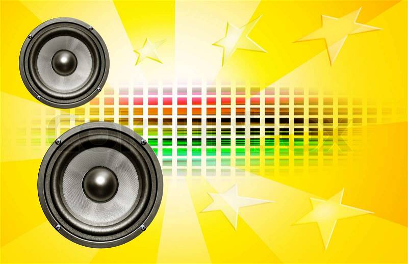 Two audio speakers on yellow background with stars and color grid, stock photo
