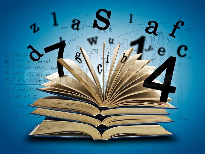 The Magic Book and the letters, numbers on a dark background with formula, stock photo