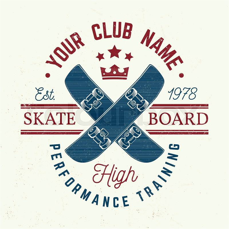 Skateboard club badge. Vector illustration. For skate club emblems, signs and t-shirt design. Skateboard typography design with skateboards and helmet. Extreme sport, vector