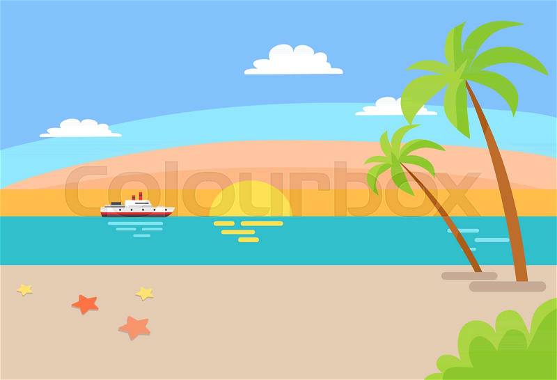Cruise ship sailing in ocean, summer beach landscape with blue sea, hot sand and endless sky clouds, palm trees, tropical beach vector summer scenery, vector