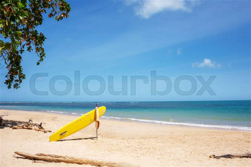 Surfboard On Tropical Beach In Summer, Vintage Color Tone, stock photo