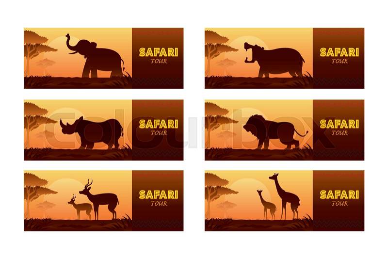 African Safari Animals Silhouette Banner, vector