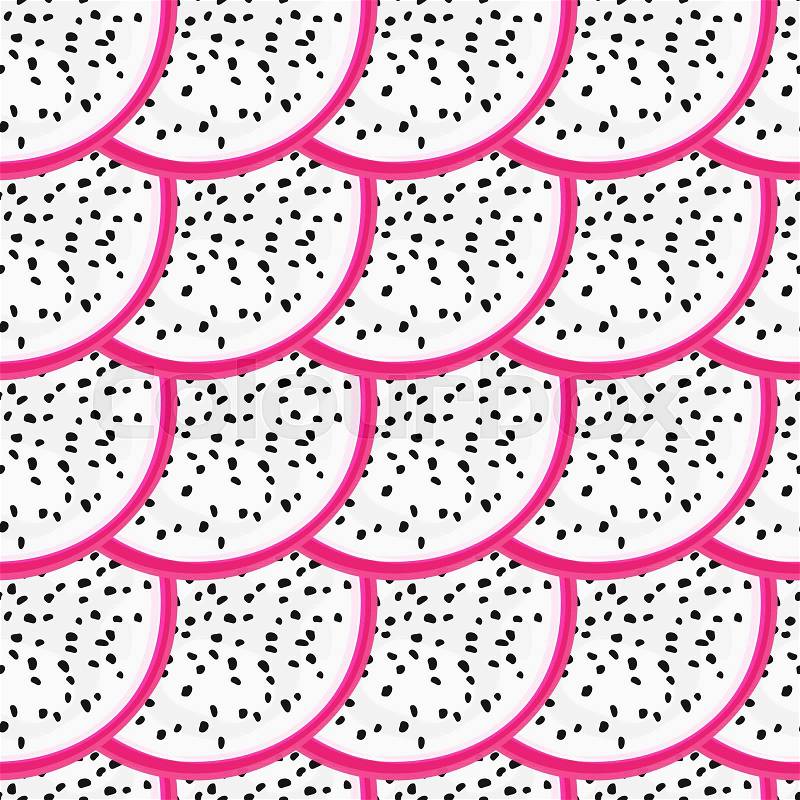 Seamless pattern with tropical fruits. Healthy dessert. Fruity background. Dragon fruit or pitaya. Exotic food. Wrapping, print on clothes, wallpaper, summer banner. Vector illustration, eps10, vector