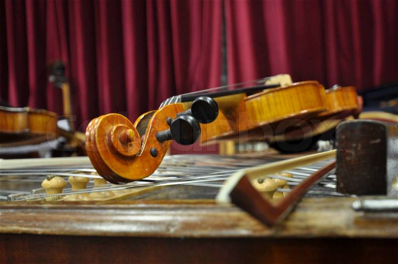 Classic old antique wooden violines concert decoration, stock photo