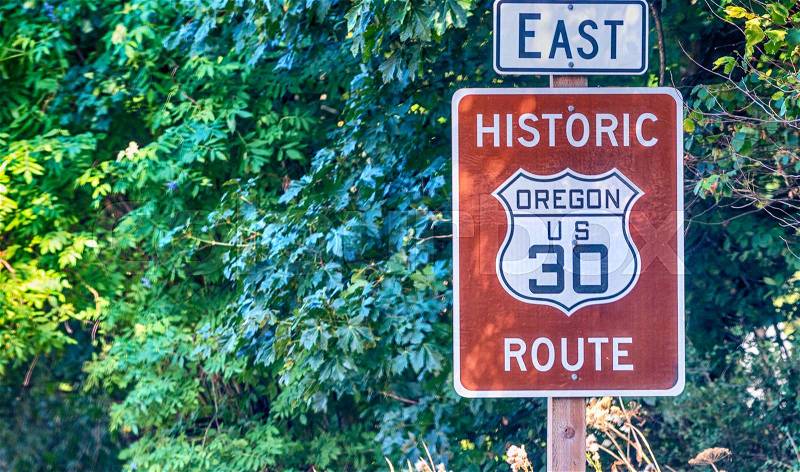 Scenic US 30 road sign in Oregon Columbia River Gorge Road, stock photo