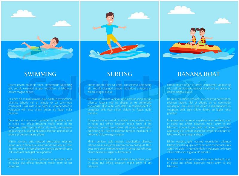 Swimming and surfing, banana boat collection of posters with text samples and headlines, set of water sport vector illustration isolated on blue, vector