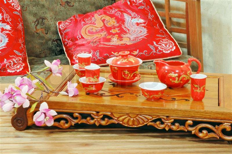 Table for tea ceremony in japanese or chinese restaurant, stock photo