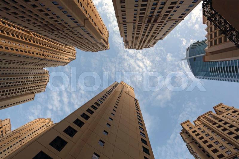 Highrise buildings at Jumeirah Beach Residence in Dubai Marina, stock photo