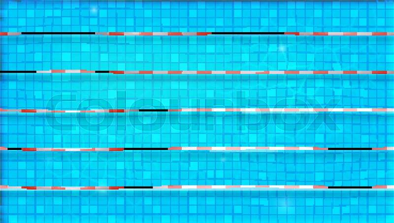 Paths for dip in the pool, top view. Texture of water in swimming pool, flat lay view. Reflexion on the water surface. Blue ripped water in Olympic sport object. ..., vector