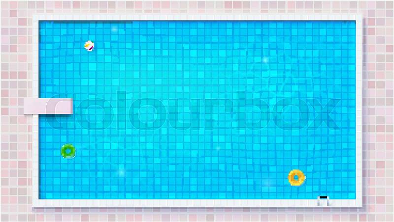 Blue ripped water in swimming pool, top view. Big outdoor pool with inflatable water toys, flat lay view. Air mattress, beach ball, rubber circle. Vector template ..., vector