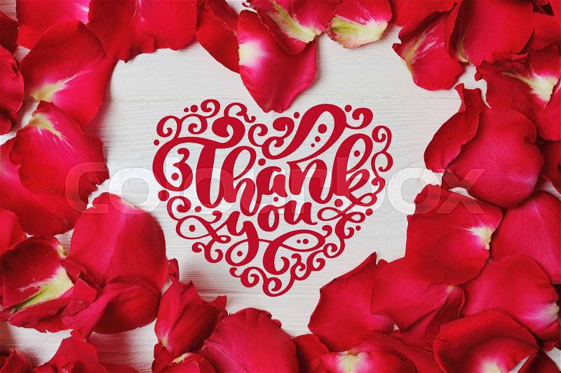 Red rose petals in the shape of heart with calligraphic text Thank you, Lettering Thanksgiving Day. Flat lay. Top view, stock photo