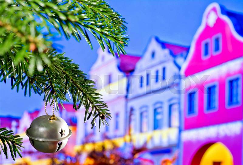Christmas Bell with Christmas Twig in the Town, stock photo
