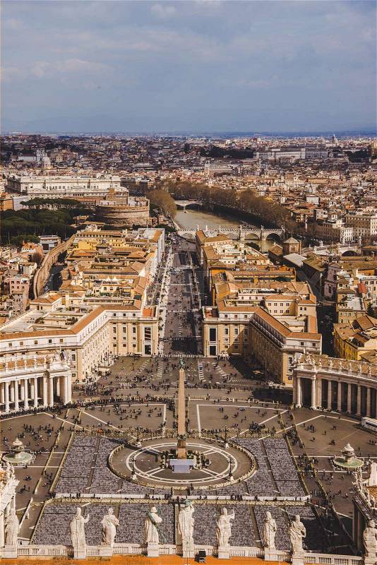 Aerial view of St. Peter\'s square with crowd of people, Vatican, Italy, stock photo