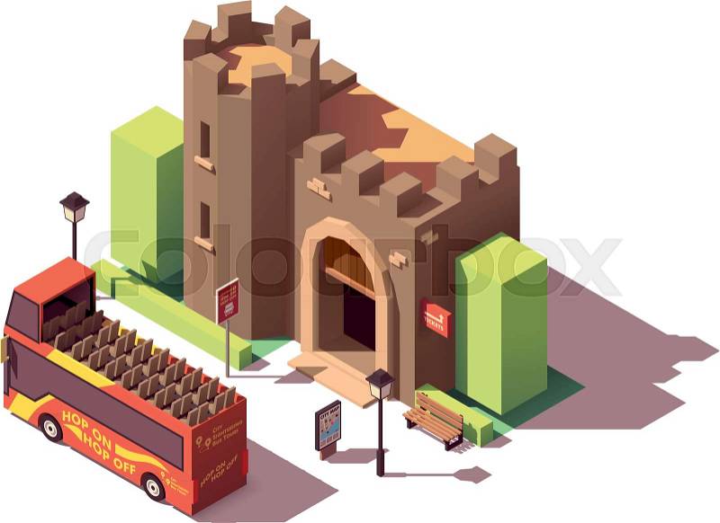Vector isometric tourist attractions icon representing ancient castle or fortress, hop on hop off tourist bus, city map on the billboard and tickets sign, vector