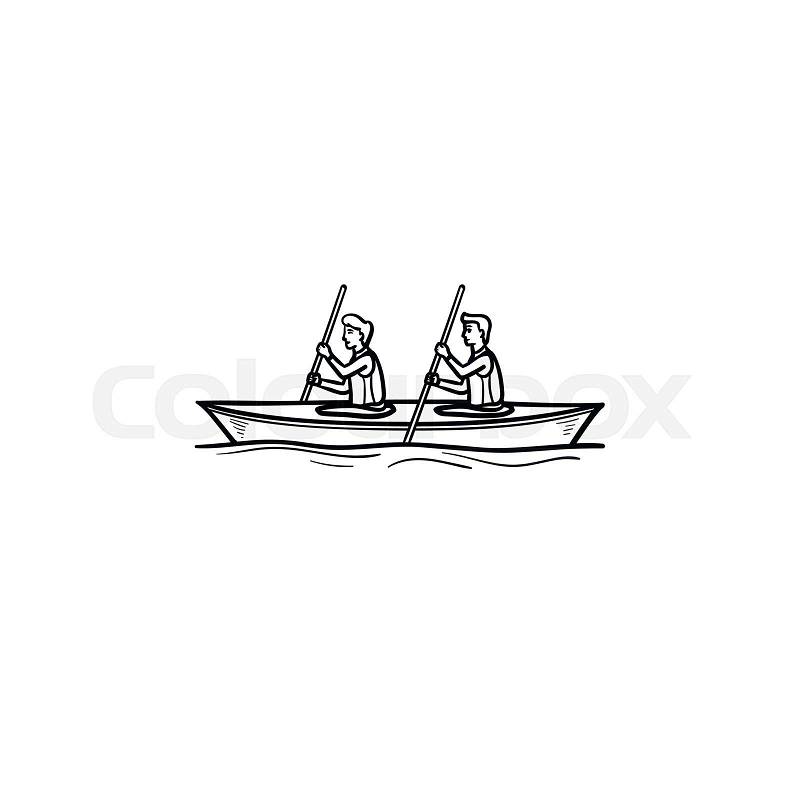 Two sportsmen rowing in canoe hand drawn outline doodle icon. Water sport, rowing, kayaking concept. Vector sketch illustration for print, web, mobile and infographics on white background, vector