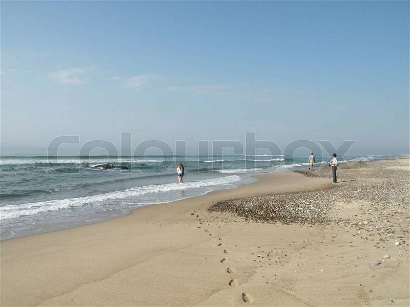 3 people on wide beach at north sea on a sunny day, stock photo