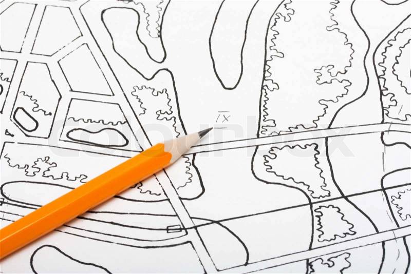 Pencil on architectural drawings plan city river concept, stock photo