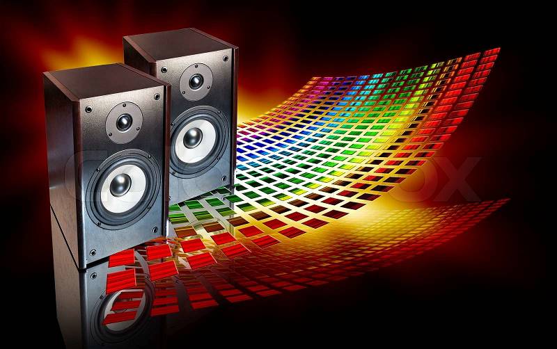 Two audio speakers on abstract colored background, stock photo