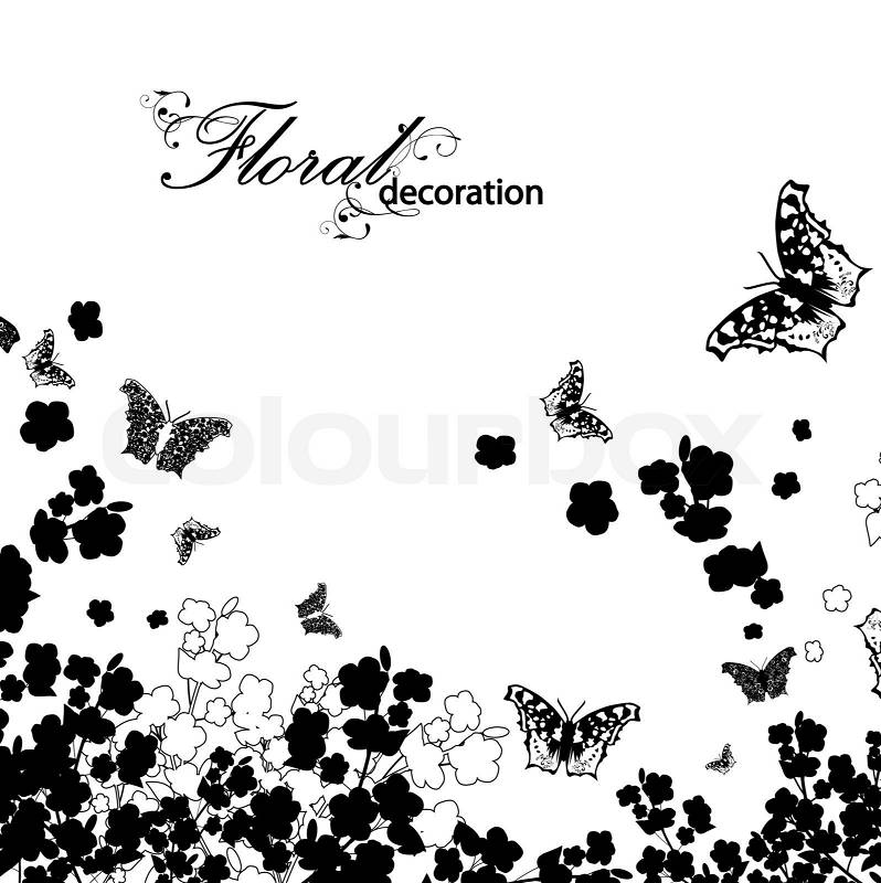 Spring or summer theme in black and white with butterflies and flowers silhouette, stock photo