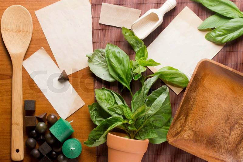 Directly above photograph of basil leaves, papers, and decorative objects for herbal medicine or culinary topics Add your text to the papers, stock photo