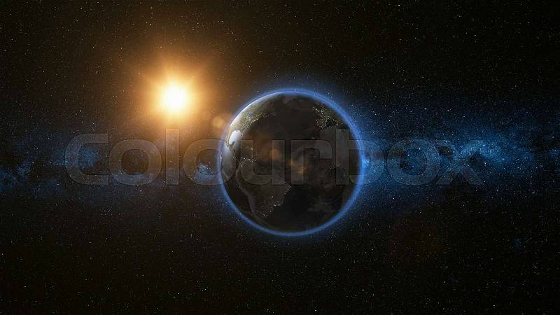 Space view on Planet Earth and Sun Star rotating on its axis in black Universe. Milky Way in the background. Seamless loop with day and night city lights change. ..., stock photo