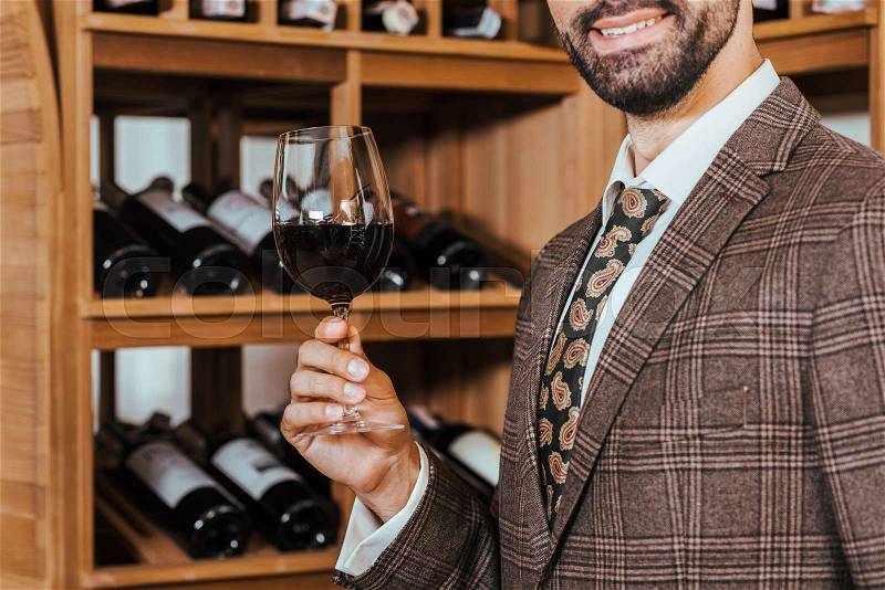 Cropped shot of smiling man in tweed jacket with glass of wine at wine store, stock photo