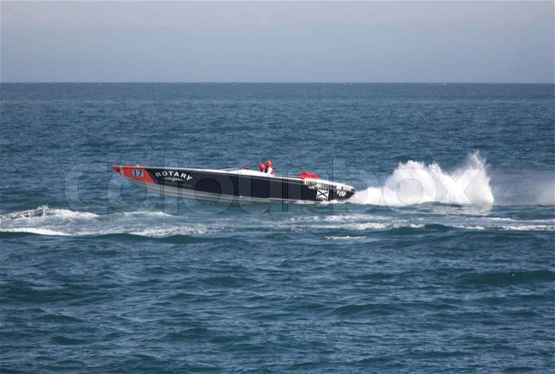Racing boat in the world championship of powerboat P1 on may 8, 2010 in Yalta, Ukraine, stock photo