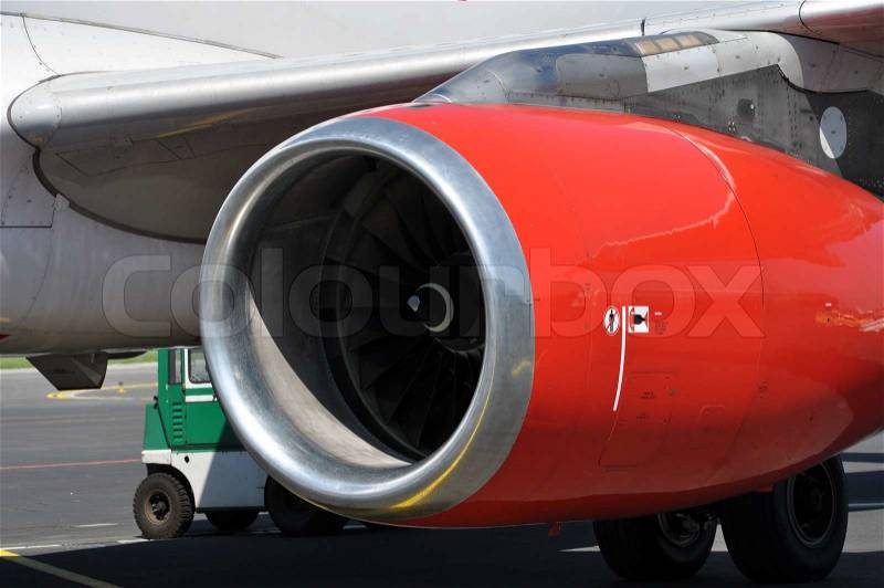 Close up detail of airplane turbine engine, stock photo