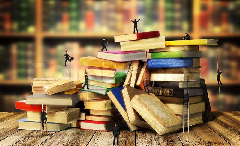 Concept of education. Humans are climb on stack of old books on a library background. Achieving the goal, stock photo