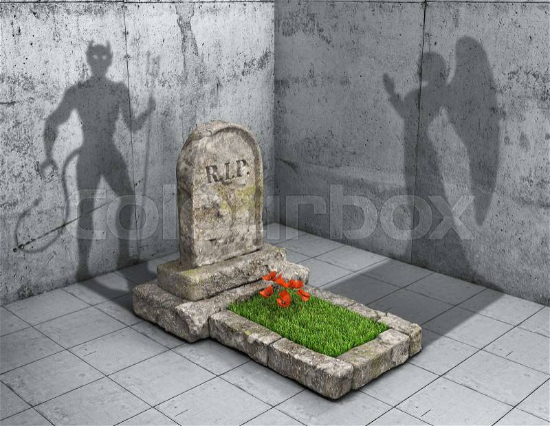 Religion concept. Hell or Heaven. Grave cast shadows in form of devil as hell, and shape of angel as paradise, stock photo