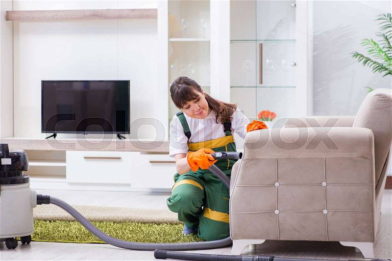 Professional cleaning contractor working at home, stock photo