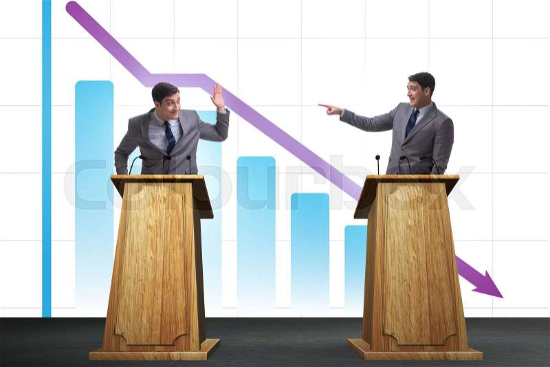 Man businessman making speech at rostrum in business concept, stock photo