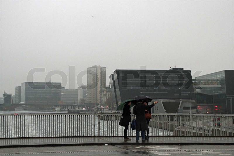 People with umbrellas on Bridge, stock photo
