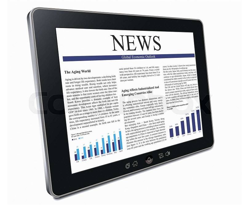 Touch screen tablet pc with business article over white background, stock photo