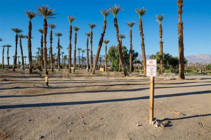 No Parking sign on dirt road with palm trees and blue sky, stock photo