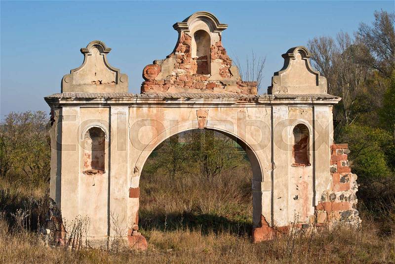 Ruins of old deserted baroque gateway in North Bohemia, stock photo