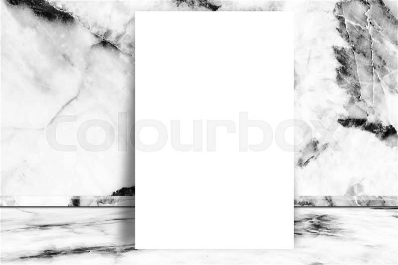 White blank paper mock up on white marble room texture background, stock photo