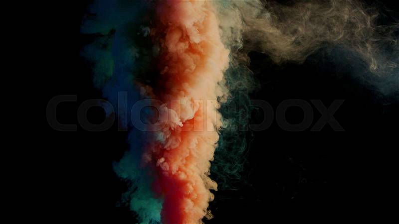 Blue, orange and green bomb smoke on black background, stock photo