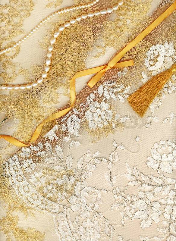 Golden textile wedding border, stock photo