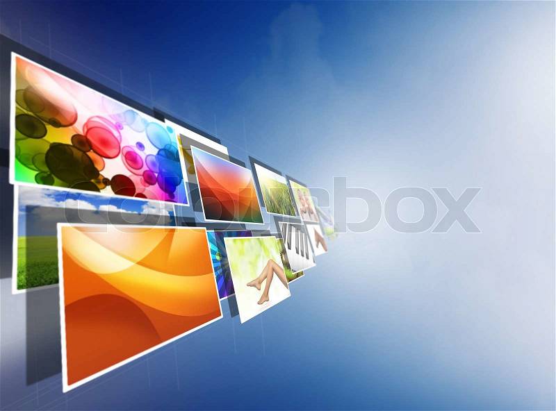 Perspective of images streaming from the deep over sky blue background, stock photo