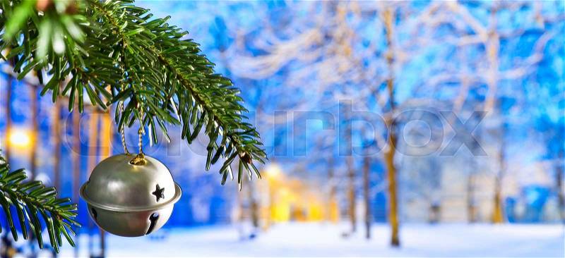 Christmas Bell with Christmas Twig in the Night, stock photo