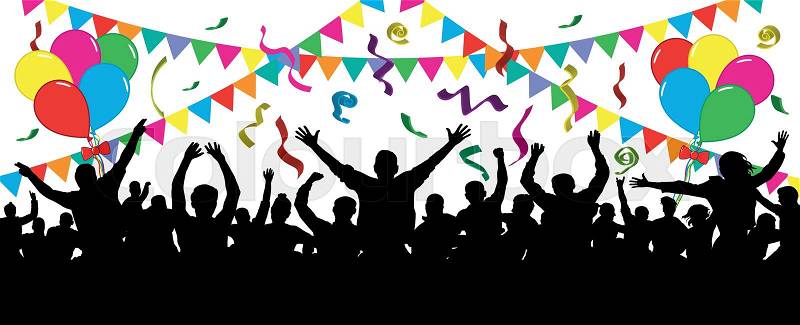 Cheerful people having fun celebrating. Crowd of fun people on party, holiday. Balloons, ribbons. Festive mood of people. Applause people hands up. Silhouette Vector ..., vector