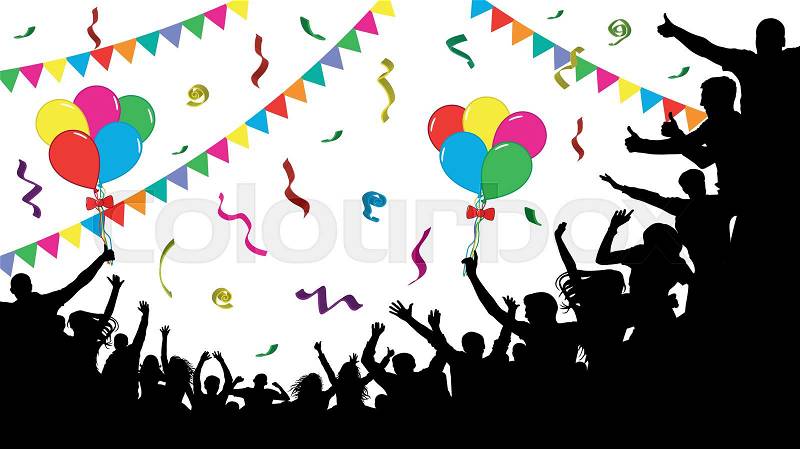 Crowd of fun people on party, holiday. Cheerful people having fun celebrating. Balloons, ribbons, confetti. Festive mood of people. Applause people hands up. ..., vector