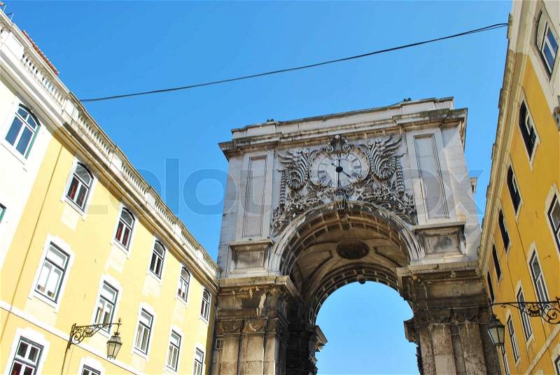 Arch crossing from Augusta street to Commerce square in Lisbon, Portugal, stock photo