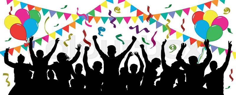 Crowd of fun people on party, holiday. Cheerful event. People having fun celebrating. Balloons, ribbons, confetti. Festive mood of people. Applause people hands up. ..., vector