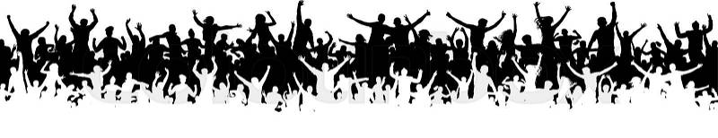 Crowd of fun people on party, holiday. Cheerful people having fun celebrating. Sporting event. Panorama of jubilant youth. Applause people hands up. Silhouette ..., vector