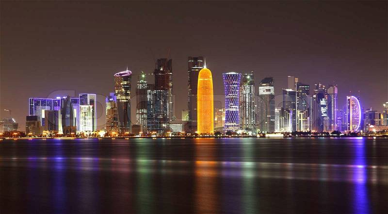 Skyline of Doha at night, Qatar | Stock Photo | Colourbox