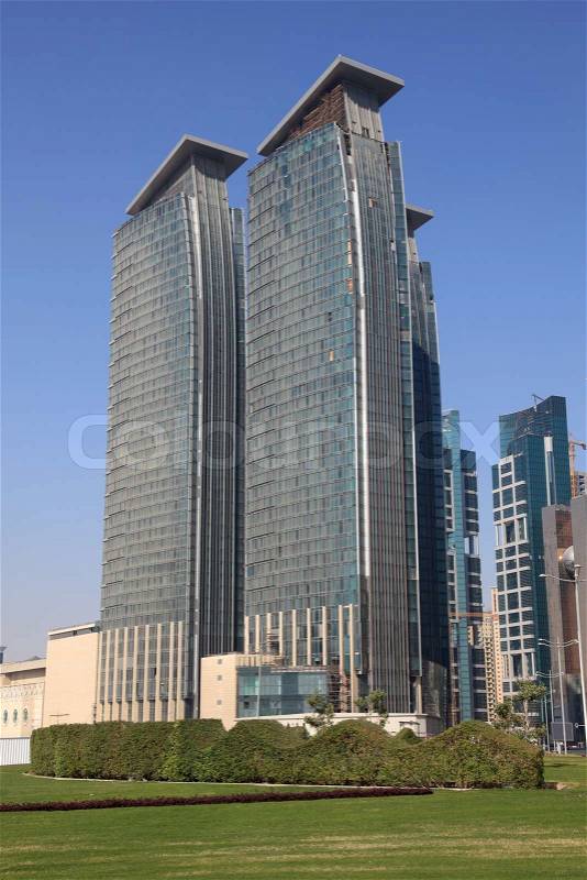 Modern skyscrapers downtown in Doha, Qatar, stock photo